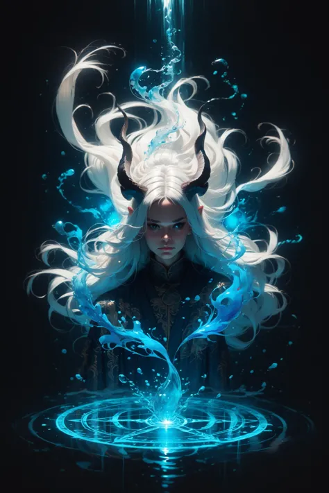 Abstract style 1girl, monster girl, in the sea, magic circle in her hands, water aura, long horns, long hair, floating hair,  white hair, black eyes, <lora:D.I.D._Vaporwave_Visions:1>, score_9, score_8_up, score_7_up, . Non-representational, colors and shapes, expression of feelings, imaginative, highly detailed