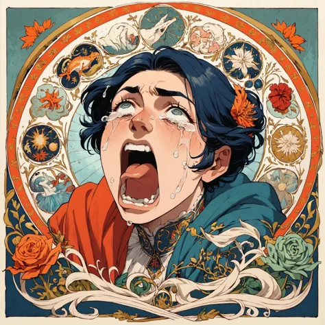 a cartoon picture of a woman with a teary face and a floral frame