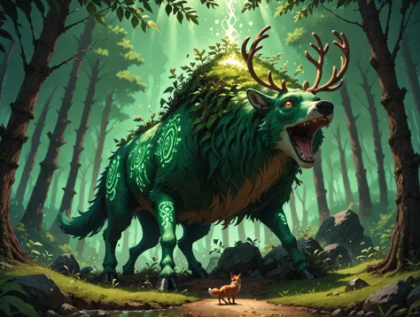 score_9,score_8_up,score_7_up,score_6_up,score_5_up,score_4_up,abstract branches and leaves background,green-yellow background,magic forest,jungle,green-yellow,portrait,grass-made huge [armadillo:fox:reindeer],(reindeer hornes:1.2),standing on four legs,rock,made out of rock and grass,cute creature,closed mouth,glowing tribal tattoo,((long tail:1.2,fox tail)),fantasy,third quarter view,(falling leaves),godrays,god rays,glowing intricate gemstones behind,heavily detailed body,((deep shadows,hard shadows)),glowing haze,windy motion lines fantasy,d3t41l3d,is pretty,A rainbow exploding with joy,