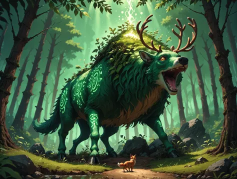 a close up of a green monster with a deer in the woods