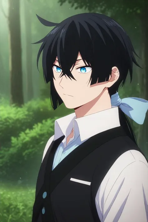 anime guy with black hair and blue eyes in a forest