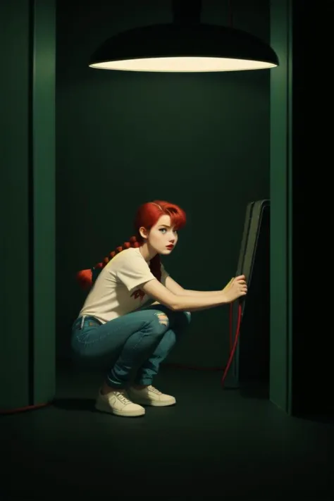 1girl, solo, ranma-chan, red hair, braid, retro, cars, ripped jeans, looking at viewer, squatting, neon lights, cinematic,  jean...