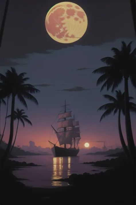 a pirate ship sailing through a tropical forest at sunset with a full moon in the background, with a boat in the foreground,  ci...