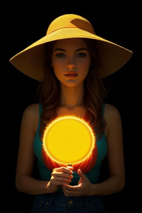 woman wearing a sun hat in the style of light painting, beautiful, vibrant, masterpiece, 8k, ultra hd, amazing details, amazing ...