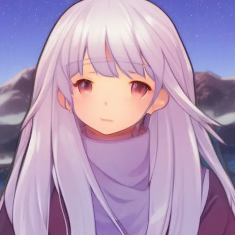 anime girl with long white hair and purple scarf looking at the camera