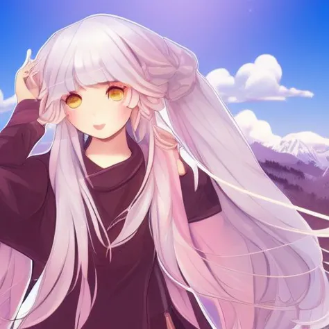 anime girl with long white hair and yellow eyes standing in front of a mountain