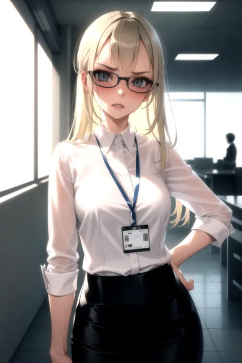 anime girl in glasses posing in a room with a desk