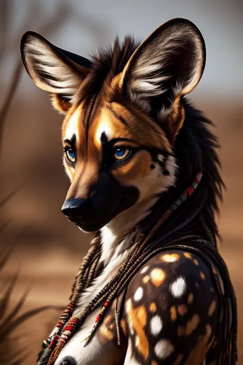 High quality, beautiful face, perfect face, perfect features, Anthropomorphic, canine, canine tail, african wild dog, female, re...