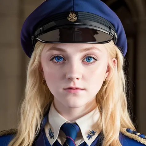 blond woman in uniform with blue eyes and a blue hat