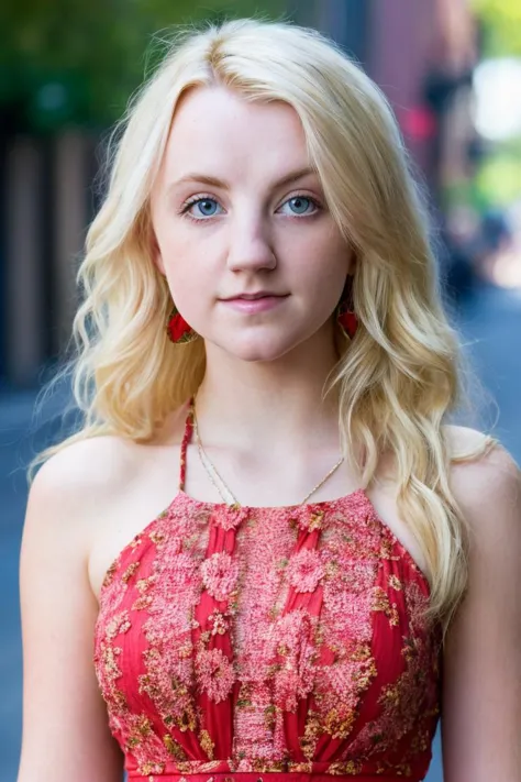 ein Bild von Luna Lovegood, Frau, Blondes Haar,detaillierte Haut, Oberflächenstreuung, bokeh, Hautporen,  Stadtstraßen,trägt ein rotes Kleid,draußen, Betrachter betrachten ,(subtiles Lächeln:0.5), blaue Augen, 