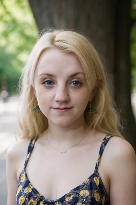 a picture of Luna Lovegood woman, Blondes Haar,detaillierte Haut, Oberflächenstreuung, bokeh, Hautporen,  Stadtstraßen,ein Kleid tragen,draußen, Betrachter betrachten ,(subtiles Lächeln:0.5), blaue Augen, Luna Lovegood