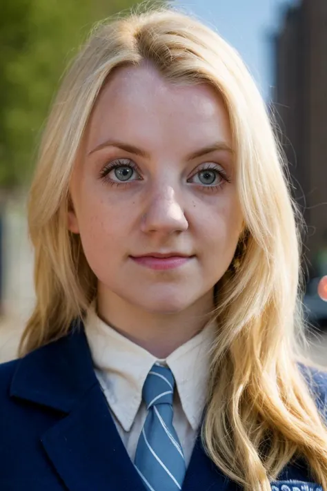 ein Bild von Luna Lovegood, Frau, Blondes Haar,detaillierte Haut, Oberflächenstreuung, bokeh, Hautporen,  Stadtstraßen,Eine Uniform tragen,draußen, Betrachter betrachten ,(subtiles Lächeln:0.5), blaue Augen, 