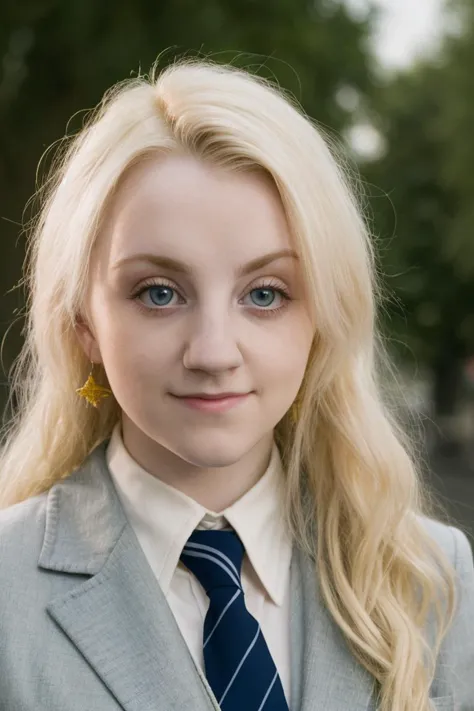 a picture of Luna Lovegood woman, Blondes Haar,detaillierte Haut, Oberflächenstreuung, bokeh, Hautporen,  Stadtstraßen,Eine Uniform tragen,draußen, Betrachter betrachten ,(subtiles Lächeln:0.5), blaue Augen, Luna Lovegood