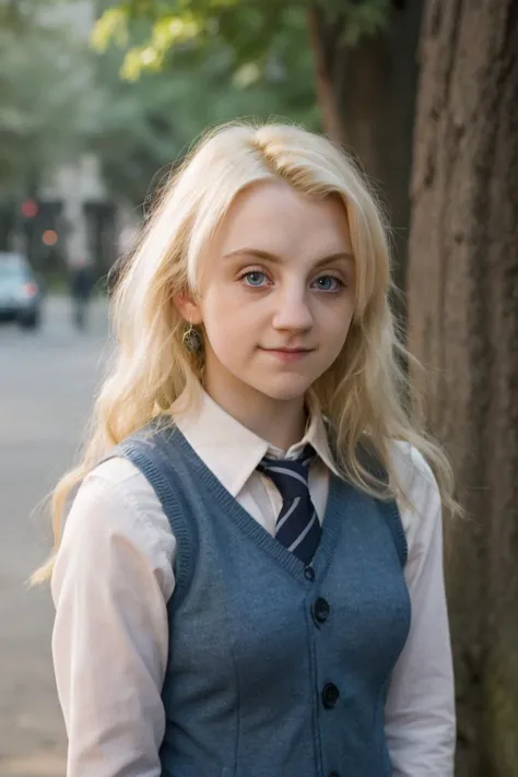 blonde woman with blue eyes and a tie standing in front of a tree