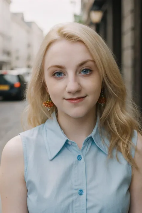 ein Bild von Luna Lovegood, Frau,blonde,jung,detaillierte Haut, Oberflächenstreuung, bokeh, Hautporen,  Stadtstraßen,ein Kleid tragen,draußen, Betrachter betrachten,Süßes Lächeln,  blaue Augen 