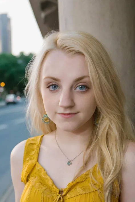 a picture of Luna Lovegood woman, Blondes Haar,detaillierte Haut, Oberflächenstreuung, bokeh, Hautporen,  Stadtstraßen,ein Kleid tragen,draußen, Betrachter betrachten ,(subtiles Lächeln:0.5), blaue Augen, Luna Lovegood