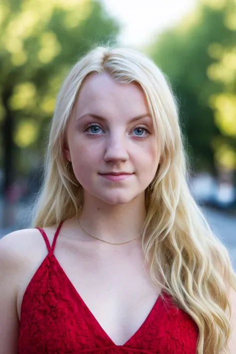 ein Bild von Luna Lovegood, Frau, Blondes Haar,detaillierte Haut, Oberflächenstreuung, bokeh, Hautporen,  Stadtstraßen,trägt ein rotes Kleid,draußen, Betrachter betrachten ,(subtiles Lächeln:0.5), blaue Augen, 