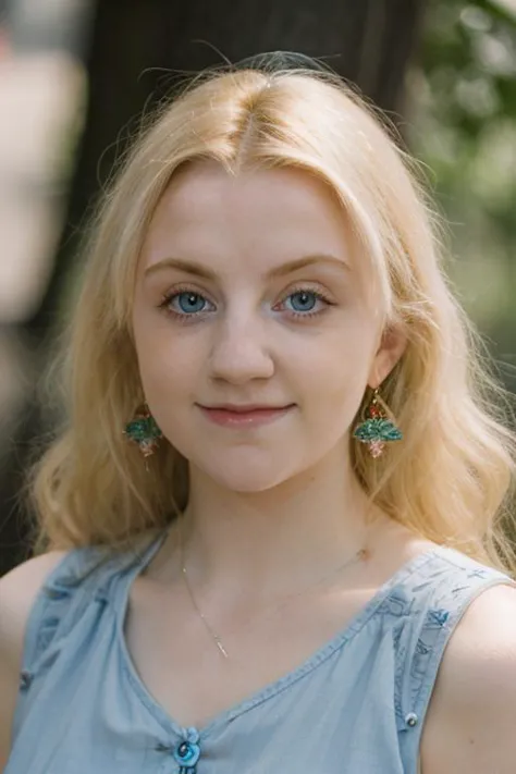 ein Bild von Luna Lovegood, Frau,blonde,jung,detaillierte Haut, Oberflächenstreuung, bokeh, Hautporen,  Stadtstraßen,ein Kleid tragen,draußen, Betrachter betrachten,Süßes Lächeln,  blaue Augen 