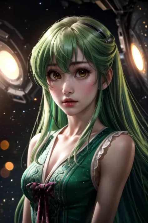 a woman with long green hair and green eyes in a green dress