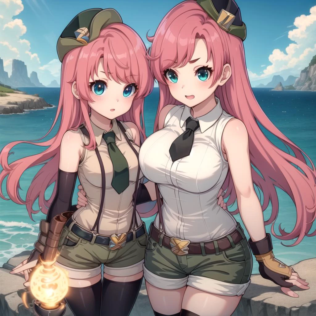 Dos chicas anime en uniforme posando para una foto junto al océano. -  SeaArt AI