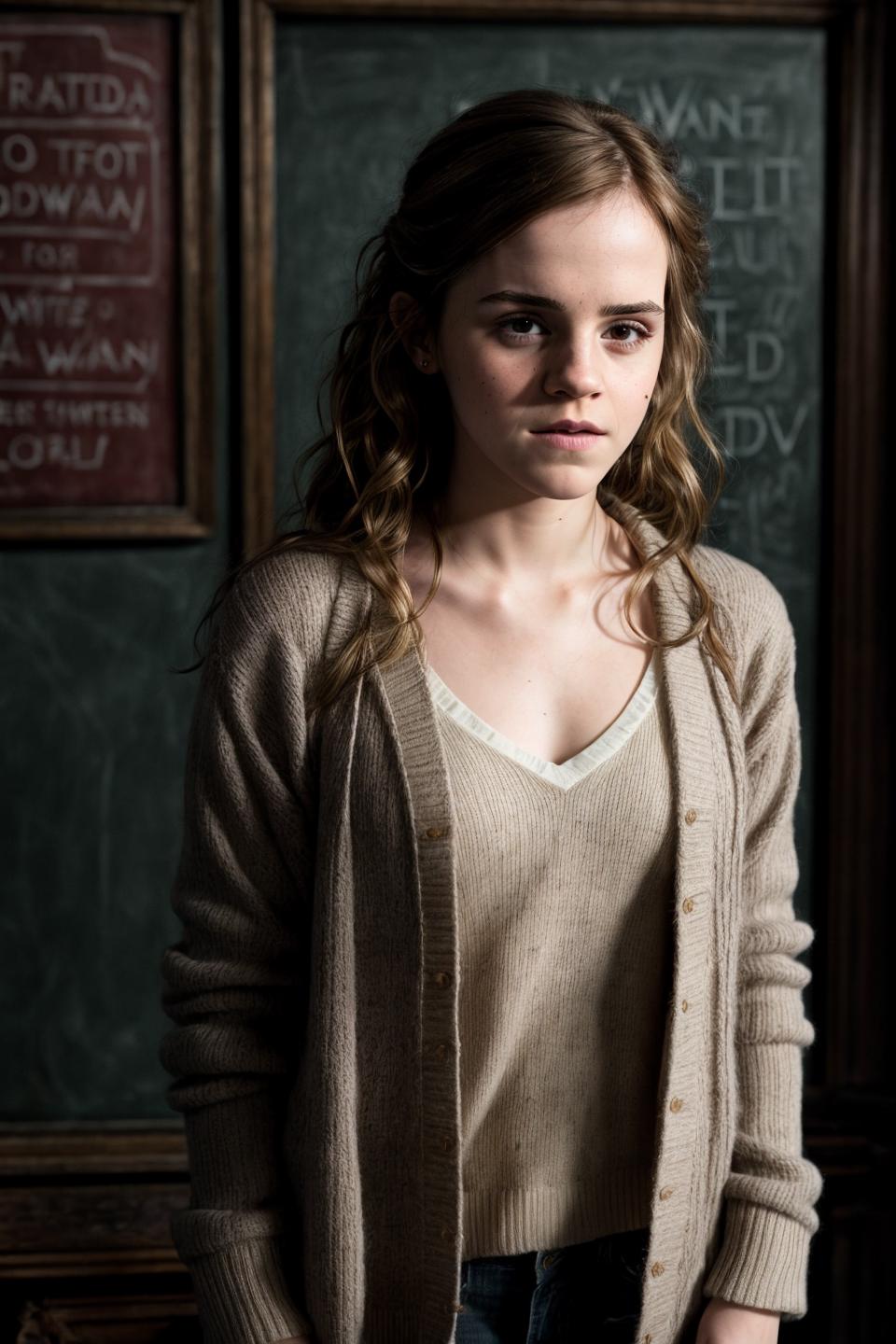 Emma Watson, Hermione Granger in Hogwarts, student uniform, plissed grey  skirt - SeaArt AI