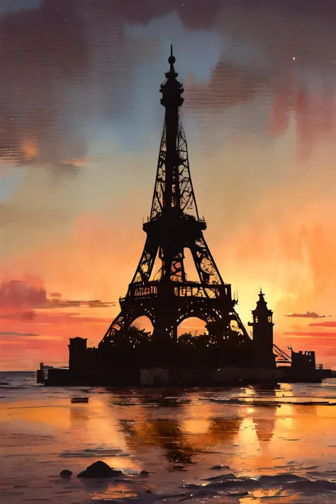 painting of a sunset view of the eiffel tower in paris