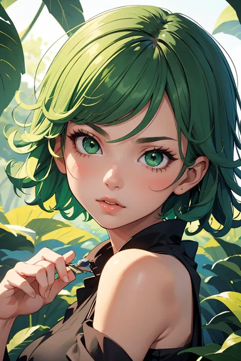 anime girl with green hair and green eyes in a forest