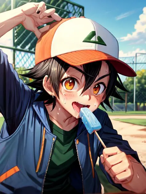 anime boy eating ice cream with a baseball cap on his head