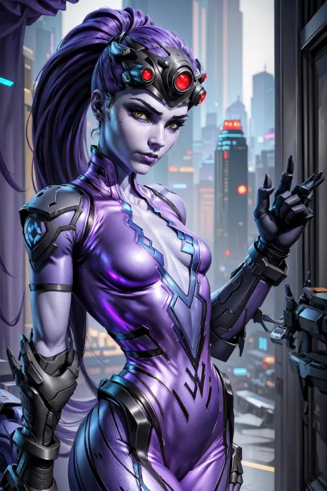 thick outlines, comics, photorealistic, perfect hands, masterpiece:1.2, 1 girl, solo,<lora:widowmakerLast:0.7>, widowmaker, ponytail, purple skin, bodysuit, gloves, small breast, detailed background, detailed face, detailed eyes, <lora:add_detail:0.8>