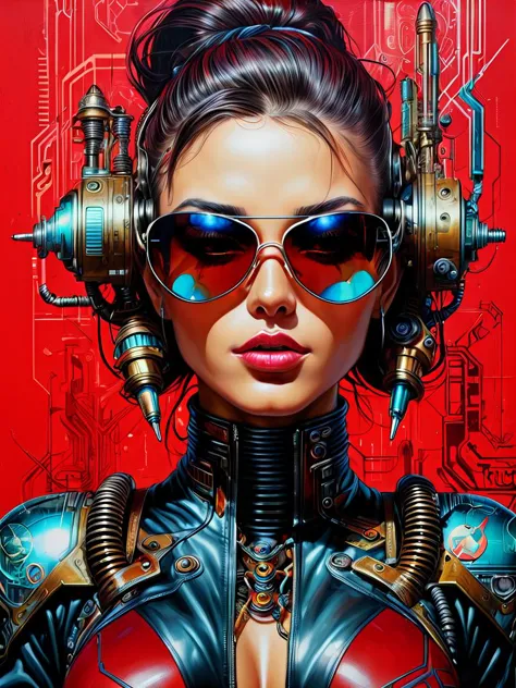 a woman in a futuristic suit with headphones and sunglasses