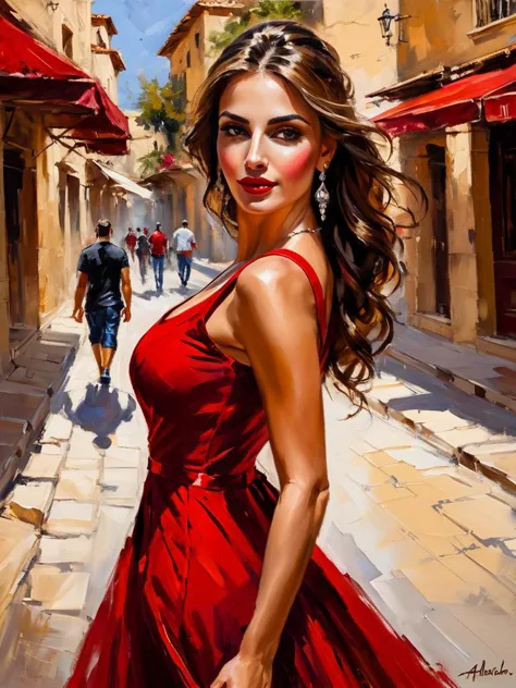 a painting of a woman in a red dress walking down a street