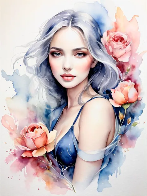 a painting of a woman with blue hair and flowers