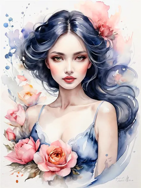 a painting of a woman with blue hair and flowers