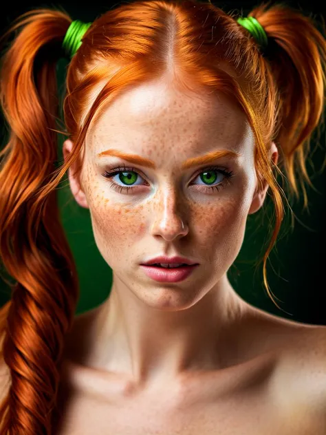 a close up of a woman with red hair and green eyes