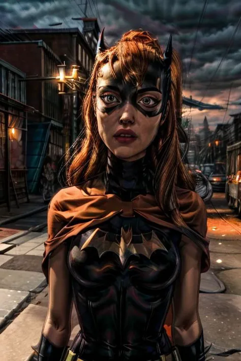 a petite woman with orange hair wearing a (((orange batman mask))), masterpiece, best quality, 1girl, batgirl, atmospheric scene...