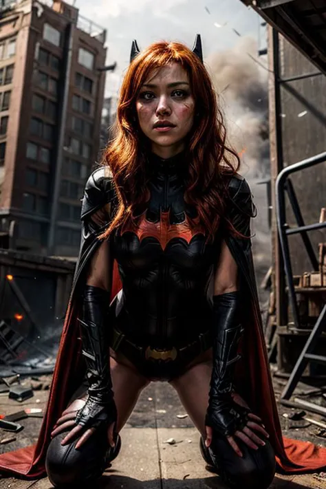 (((from below))), a petite woman with messy orange hair wearing a red batman mask in a burning bulding surrounded by fire, maste...