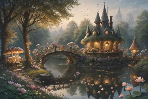 trending on Artstation, cute fantasy highly detailed, surrealistic, birds, butterflies, cute fantasy cartoon, flowers, swirls, pearls, woodland, mushrooms, cute fantasy fairy butterflies, cute fairy birds, water lilies, elf, elves, roses, peonies, dandelions, fairy woodland, forest, cute, fantasy, swirl, fairy flowers, fairy mushrooms, fairy trees, meadow, field, lanterns, candles, light, lake, water, raindrops, waterstream, soap bubbles, huge mushrooms, houses, huts, fantasy fairy girls, people, humans, lampposts, lamp posts, water fountain, fairyland portal, portal to fairyland, huge mushrooms, subsurface scattering, ultra hd, 4k, high def, Photorealistic, Hyperrealistic, Hyper detailed, analog style, realistic, masterpiece, best quality, ultra realistic, 8k, Intricate, High Detail, film photography, soft lighting,  heavy shadow