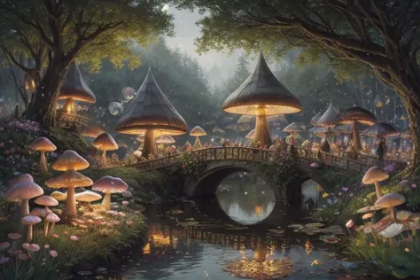 trending on Artstation, cute fantasy highly detailed, surrealistic, birds, butterflies, cute fantasy cartoon, flowers, swirls, pearls, woodland, mushrooms, cute fantasy fairy butterflies, cute fairy birds, water lilies, elf, elves, roses, peonies, dandelions, fairy woodland, forest, cute, fantasy, swirl, fairy flowers, fairy mushrooms, fairy trees, meadow, field, lanterns, candles, light, lake, water, raindrops, waterstream, soap bubbles, huge mushrooms, houses, huts, fantasy fairy girls, people, humans, lampposts, lamp posts, water fountain, fairyland portal, portal to fairyland, huge mushrooms, subsurface scattering, ultra hd, 4k, high def, Photorealistic, Hyperrealistic, Hyper detailed, analog style, realistic, masterpiece, best quality, ultra realistic, 8k, Intricate, High Detail, film photography, soft lighting,  heavy shadow