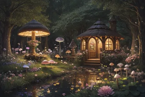 there is a gazebo in the middle of a garden with flowers and mushrooms