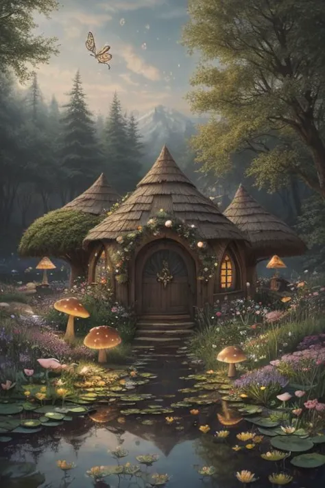 trending on Artstation, cute fantasy highly detailed, surrealistic, birds, butterflies, cute fantasy cartoon, flowers, swirls, pearls, woodland, mushrooms, cute fantasy fairy butterflies, cute fairy birds, water lilies, elf, elves, roses, peonies, dandelions, fairy woodland, forest, cute, fantasy, swirl, fairy flowers, fairy mushrooms, fairy trees, meadow, field, lanterns, candles, light, lake, water, raindrops, waterstream, soap bubbles, huge mushrooms, houses, huts, fantasy fairy girls, people, humans, lampposts, lamp posts, water fountain, fairyland portal, portal to fairyland, huge mushrooms, subsurface scattering, ultra hd, 4k, high def, Photorealistic, Hyperrealistic, Hyper detailed, analog style, realistic, masterpiece, best quality, ultra realistic, 8k, Intricate, High Detail, film photography, soft lighting,  heavy shadow