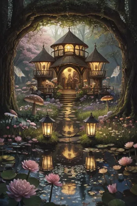 a painting of a house in the woods with a pond and lanterns