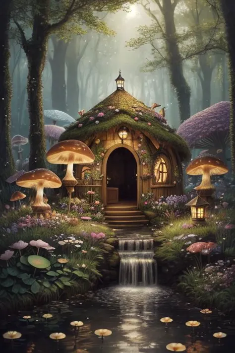 trending on Artstation, cute fantasy highly detailed, surrealistic, birds, butterflies, cute fantasy cartoon, flowers, swirls, pearls, woodland, mushrooms, cute fantasy fairy butterflies, cute fairy birds, water lilies, elf, elves, roses, peonies, dandelions, fairy woodland, forest, cute, fantasy, swirl, fairy flowers, fairy mushrooms, fairy trees, meadow, field, lanterns, candles, light, lake, water, raindrops, waterstream, soap bubbles, huge mushrooms, houses, huts, fantasy fairy girls, people, humans, lampposts, lamp posts, water fountain, fairyland portal, portal to fairyland, huge mushrooms, subsurface scattering, ultra hd, 4k, high def, Photorealistic, Hyperrealistic, Hyper detailed, analog style, realistic, masterpiece, best quality, ultra realistic, 8k, Intricate, High Detail, film photography, soft lighting,  heavy shadow