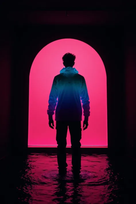 arafed man standing in a dark room with a pink light