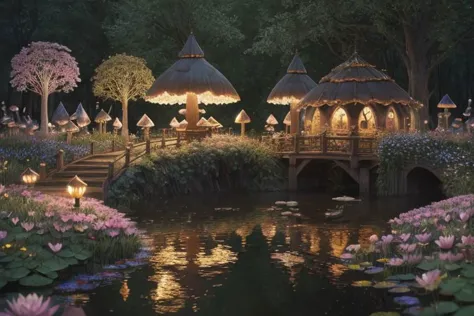 there is a painting of a gazebo and a bridge in the middle of a pond