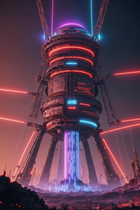 Dark alien Tower of Sauron is a towering fortress with digital circuit lines going up the structure with energy field blasting t...