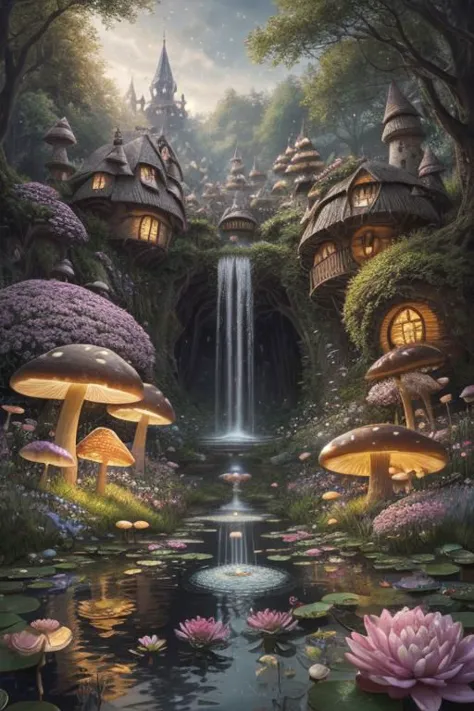 Trends auf ArtStation, Niedlich Fantasie highly detailed, surrealistisch, Vögel, Schmetterlinge, Niedlich Fantasie cartoon, Blumen, Strudels, Perlen, Wald, Pilze, Niedlich Fantasie fairy Schmetterlinge, Niedlich fairy Vögel, Wasser lilies, elf, Elfen, Rosen, Pfingstrosen, Löwenzahn, fairy Wald, Wald, Niedlich, Fantasie, Strudel, fairy Blumen, fairy Pilze, Feenbäume, Wiese, Feld, lanterns, Kerzen, Licht, See, Wasser, Regentropfen, Wasserstream, Seifenblasen, huge Pilze, Häuser, huts, Fantasie fairy girls, Menschen, Menschen, Laternenpfähle, Laternenpfähle, Wasser fountain, Märchenlandportal, Portal zum Märchenland, huge Pilze, Untergrundstreuung, Ultra HD, 4k, hohe Auflösung, Photorealistisch, Hyperrealistisch, hyperdetailliert, analoger Stil, realistisch, Meisterwerk, beste Qualität, ultra realistisch, 8k, kompliziert, Hohe Detailliertheit, Filmfotografie, soft Lichting,  Starker Schatten