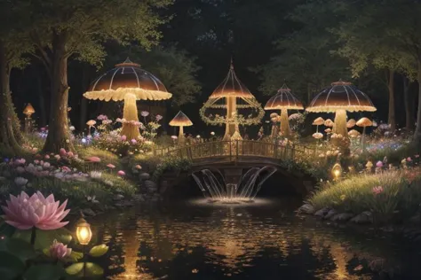 a painting of a bridge over a pond with flowers and lights