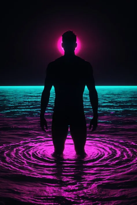 a man standing in the water with a neon light on his head