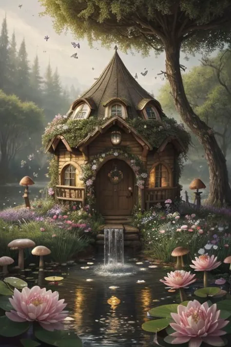 trending on Artstation, cute fantasy highly detailed, surrealistic, birds, butterflies, cute fantasy cartoon, flowers, swirls, pearls, woodland, mushrooms, cute fantasy fairy butterflies, cute fairy birds, water lilies, elf, elves, roses, peonies, dandelions, fairy woodland, forest, cute, fantasy, swirl, fairy flowers, fairy mushrooms, fairy trees, meadow, field, lanterns, candles, light, lake, water, raindrops, waterstream, soap bubbles, huge mushrooms, houses, huts, fantasy fairy girls, people, humans, lampposts, lamp posts, water fountain, fairyland portal, portal to fairyland, huge mushrooms, subsurface scattering, ultra hd, 4k, high def, Photorealistic, Hyperrealistic, Hyper detailed, analog style, realistic, masterpiece, best quality, ultra realistic, 8k, Intricate, High Detail, film photography, soft lighting,  heavy shadow