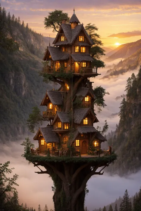 a tall tree house with a sky view in the background